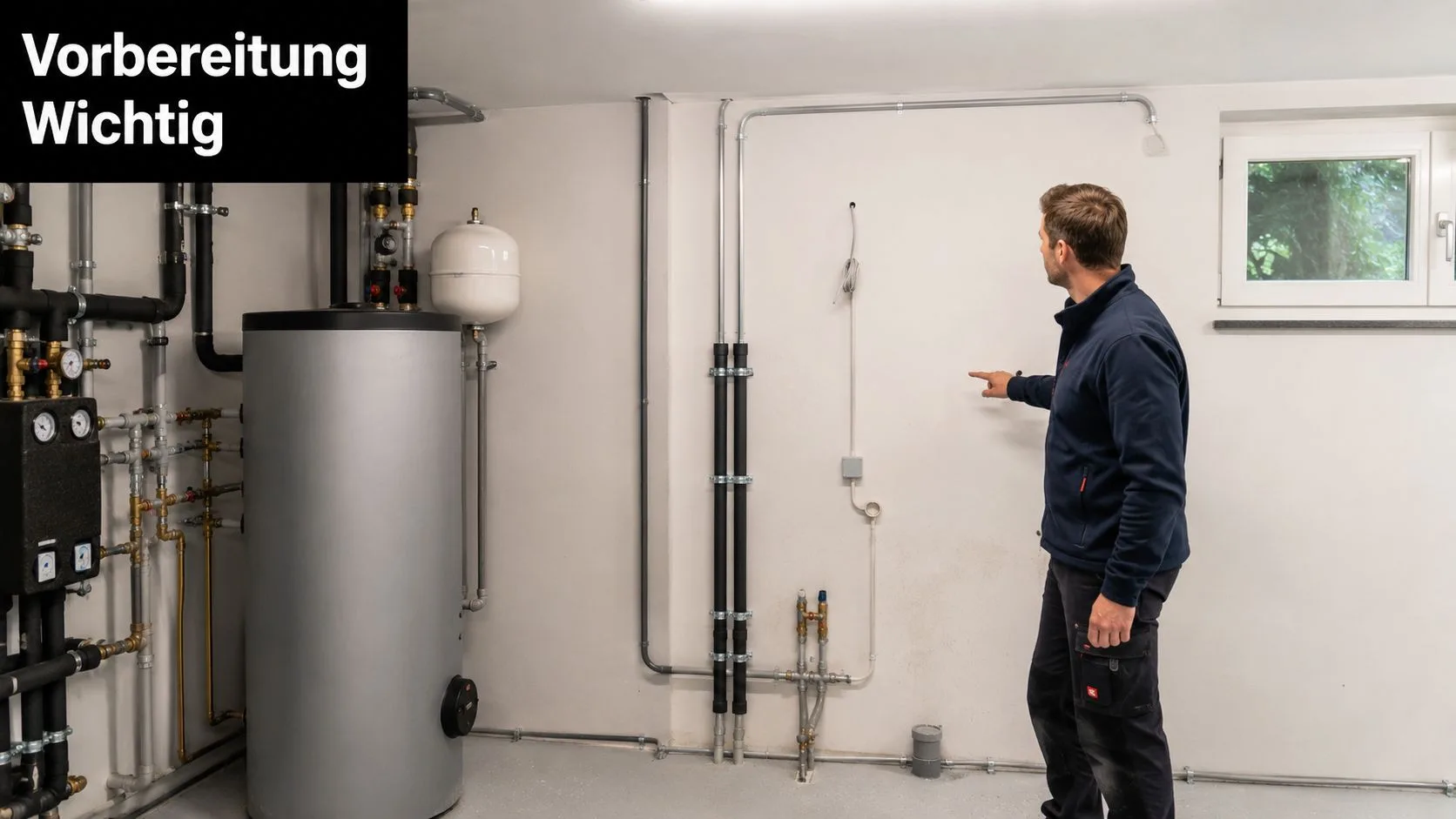 Ein Techniker zeigt auf eine leere Wand für die Montage einer modernen Wärmepumpe in einem Heizraum.